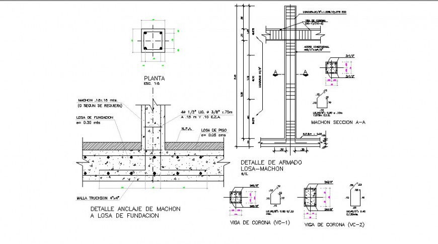 Column foundation, footings and structure drawing details dwg file