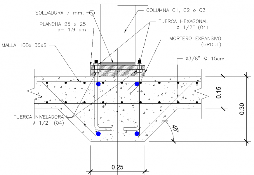 Column foundation structure drawing in dwg file.