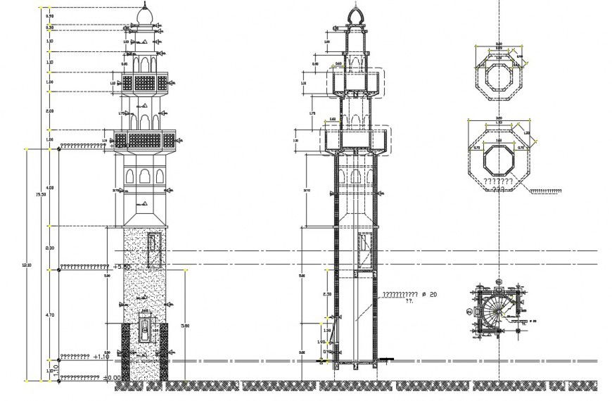 Column pillar drawing 2d view plan and elevation dwg file