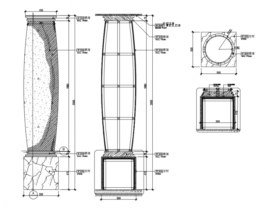 Column sample elevation and section cad drawing details dwg file