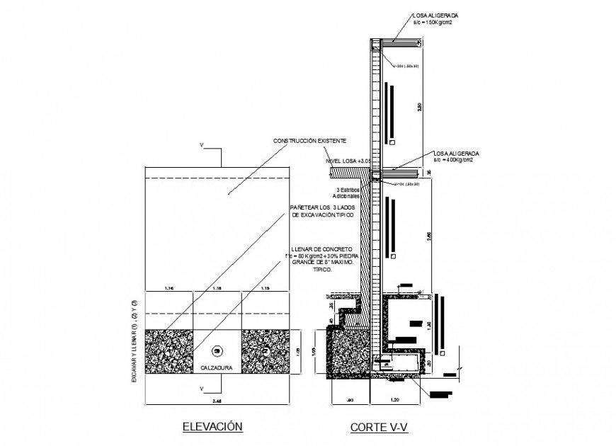 Column section and constructive structure details with footings dwg file
