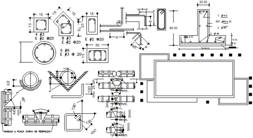 Column section and constructive structure drawing details dwg file