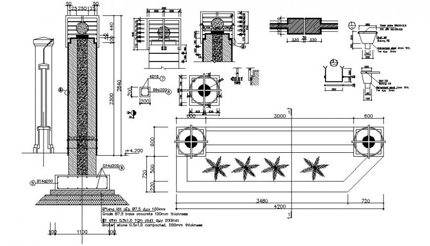 Column section and structure with footing cad drawing details dwg file