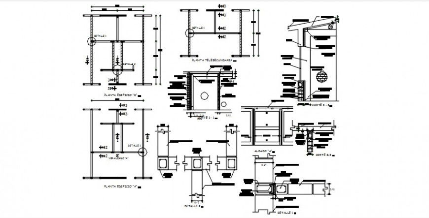 Column sections, joints and structure details for school building dwg file