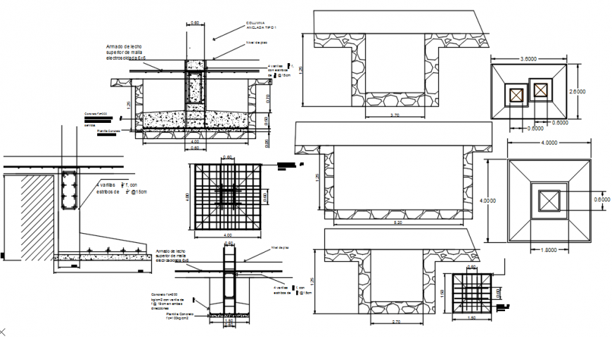 Column sections and constructive structure drawing details for shopping mall dwg file