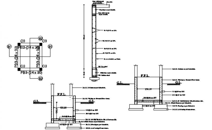 Column sections and footing structure details for hotel dwg file