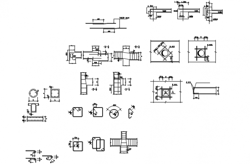 Column structure, section and footings construction drawing details dwg file
