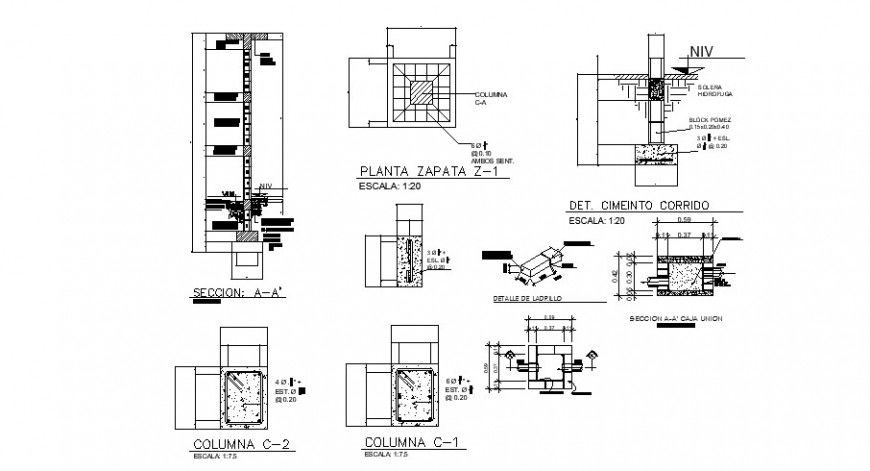 Column structure details 2d view construction units dwg file