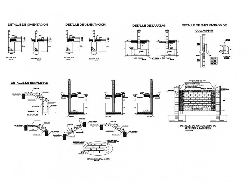 Column wall and stair foundation in auto cad file