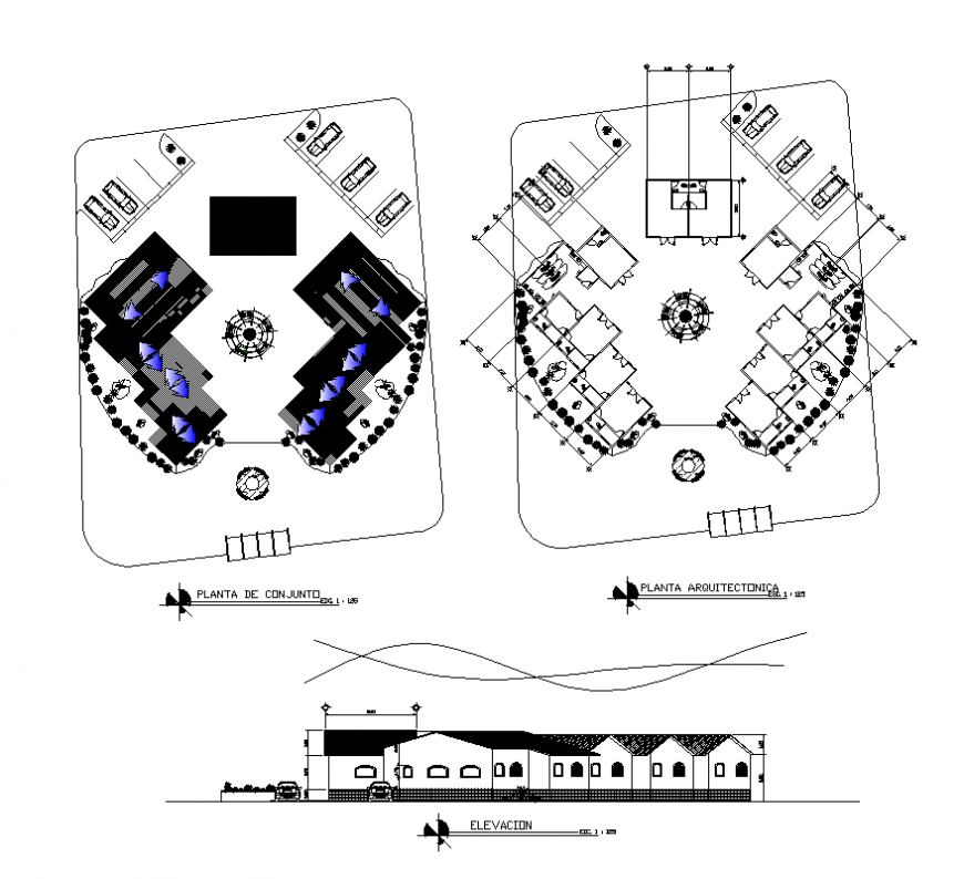 Commerce building detail elevation and plan 2d view layout file