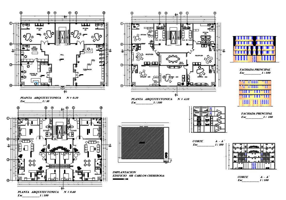 commercial building elevation and plan DWG File