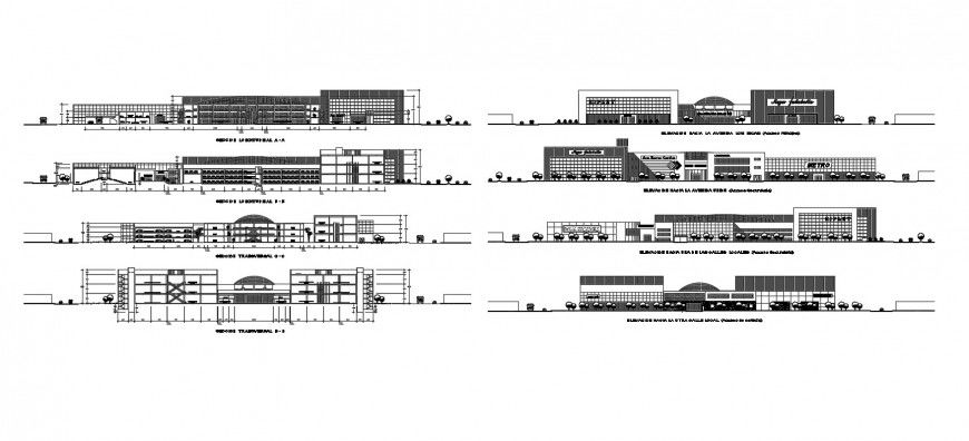Commercial and shopping complex all sided elevation and section cad drawing details dwg file