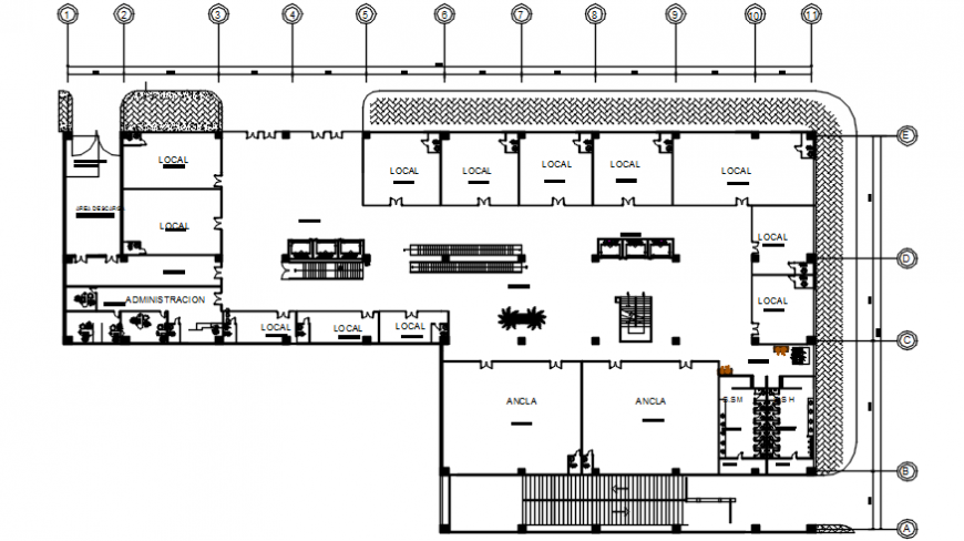 Commercial and shopping complex first floor distribution plan details dwg file