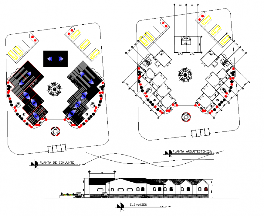 Commercial building complex detail elevation and plan layout file