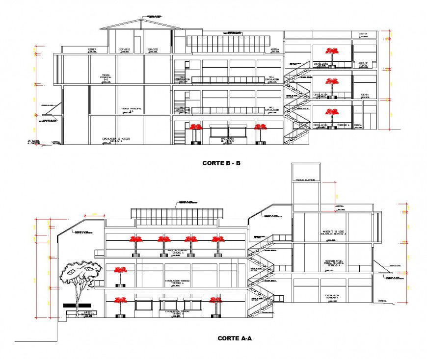Commercial building detail elevation and plan layout file
