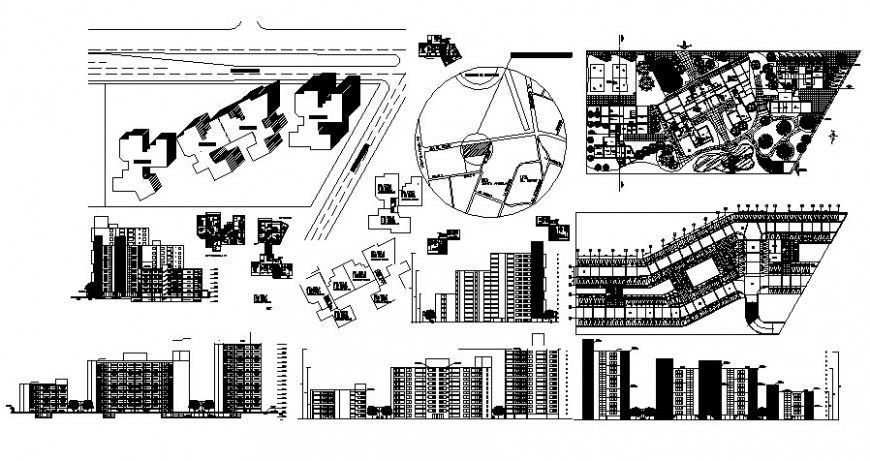 Commercial building high rise 2d view elevation and plan autocad
