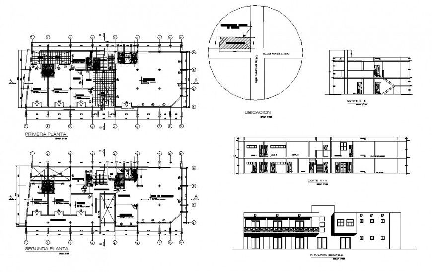Commercial building two-story elevation, section and floor plan cad drawing details dwg file