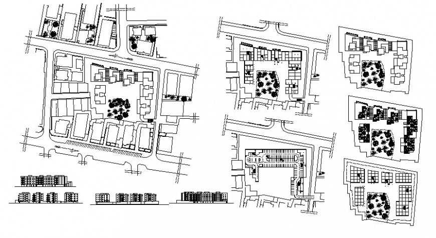 Commercial building units elevation and landscaping details AutoCAD file
