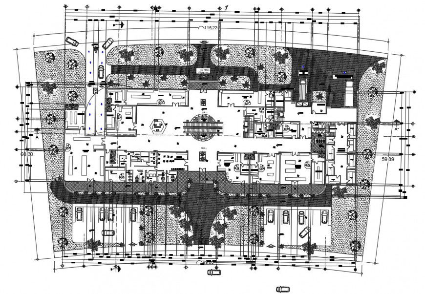 Commercial center building 2d view work plan dwg autocad software file