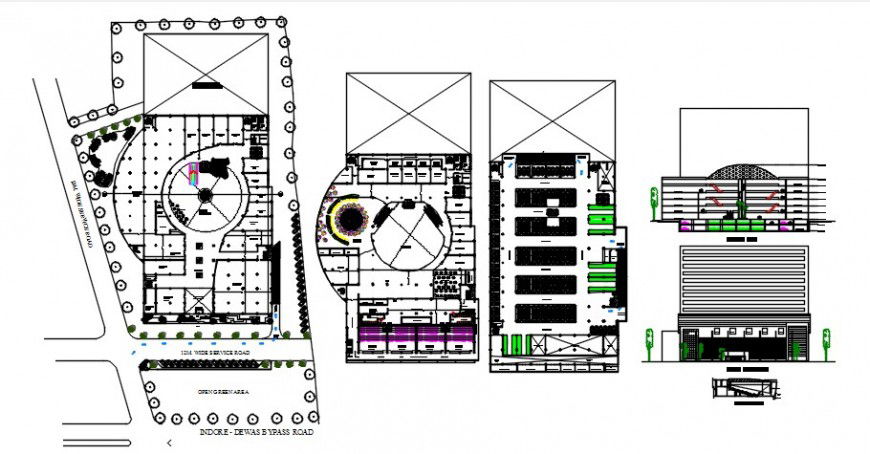Commercial center elevation and floor plan cad drawing details dwg file