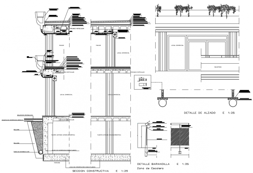 Commercial center open elgon with sectional and detail view dwg file