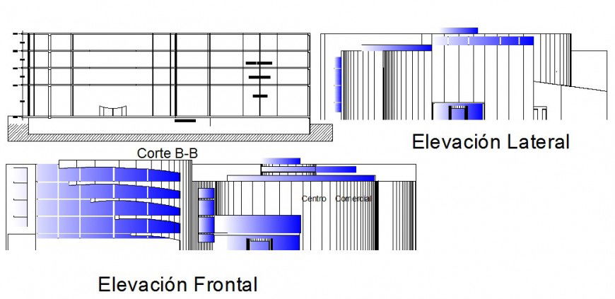 Commercial Centre elevation and section in autocade file