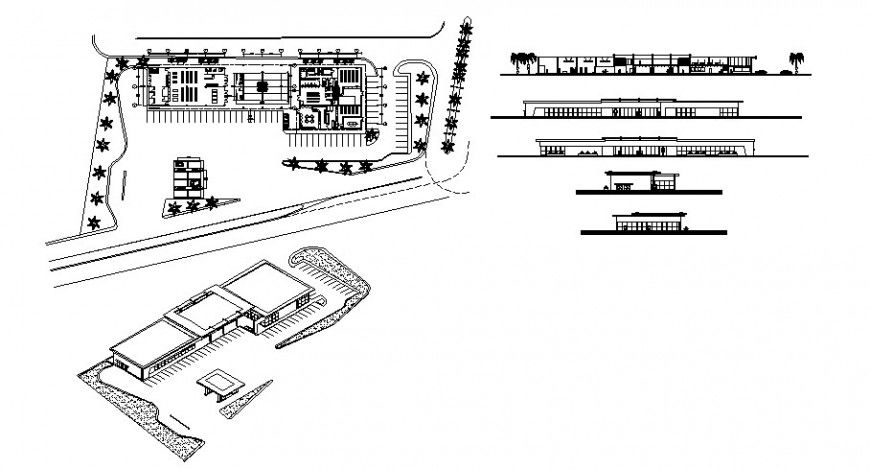 Commercial centre floor plan elevation and isometric view in auto cad