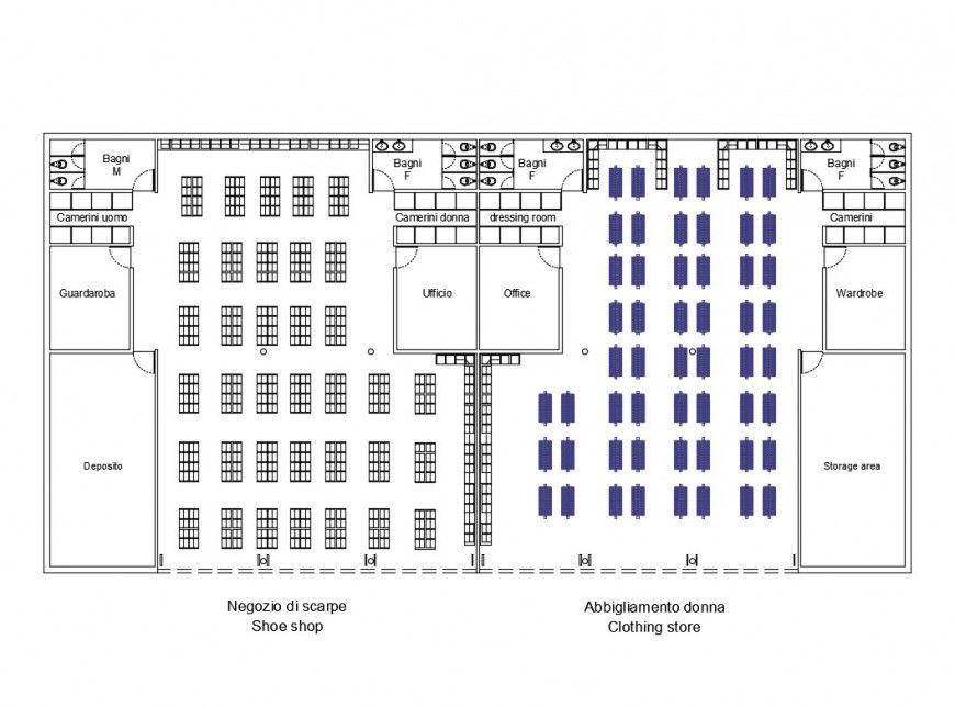 Commercial clothing spaces store distribution plan details dwg file