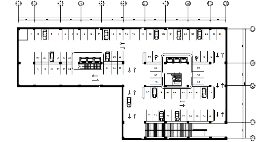 Commercial complex basement floor plan distribution details dwg file
