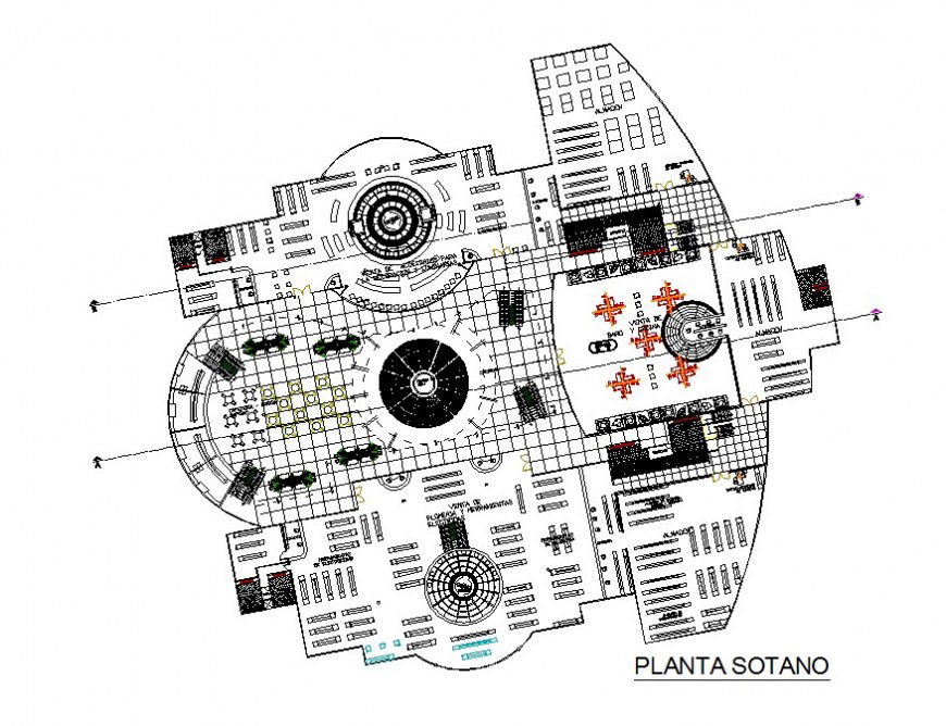 Commercial complex basement layout plan drawing in dwg AutoCAD file.