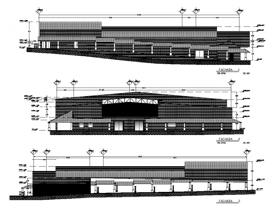 Commercial complex building detail elevation 2d view layout dwg file