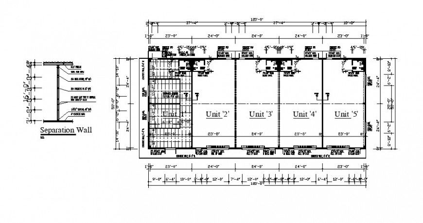 Commercial complex first floor plan with separation wall dwg file