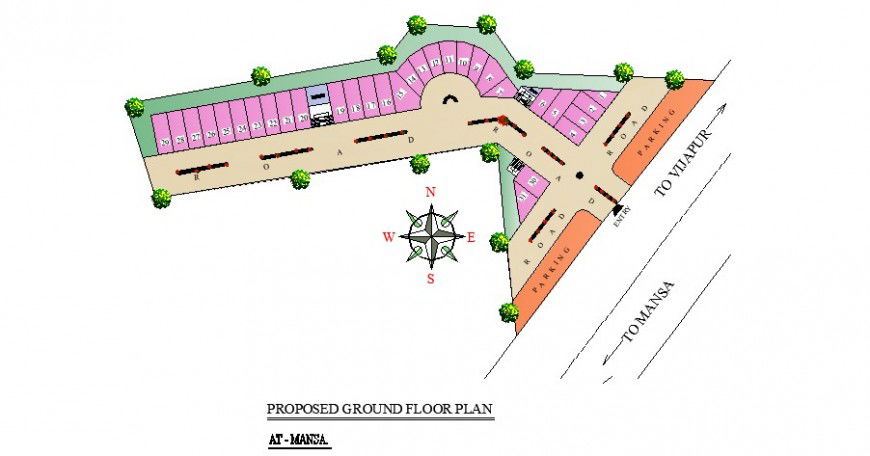 Commercial complex proposed ground floor plan in dwg AutoCAD file.