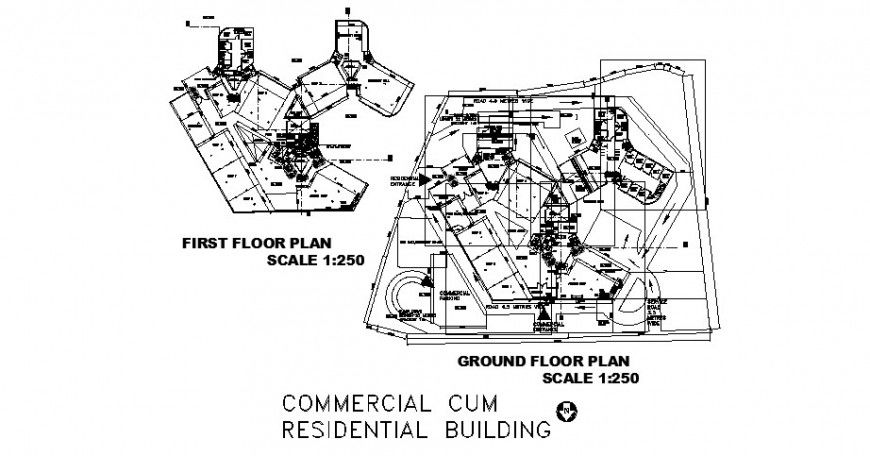 Commercial cum residential building ground and first floor plan cad drawing details dwg file