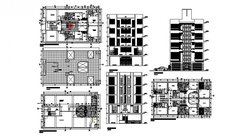 Commercial hotel building elevation, section and floor plan cad drawing details dw file