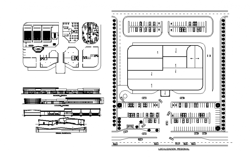 Commercial office center all sided elevation, section and floor plan details dwg file