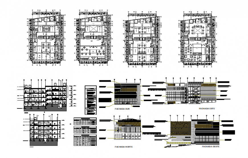Commercial office plaza multi-level all sided elevation, section and floor plan details dwg file