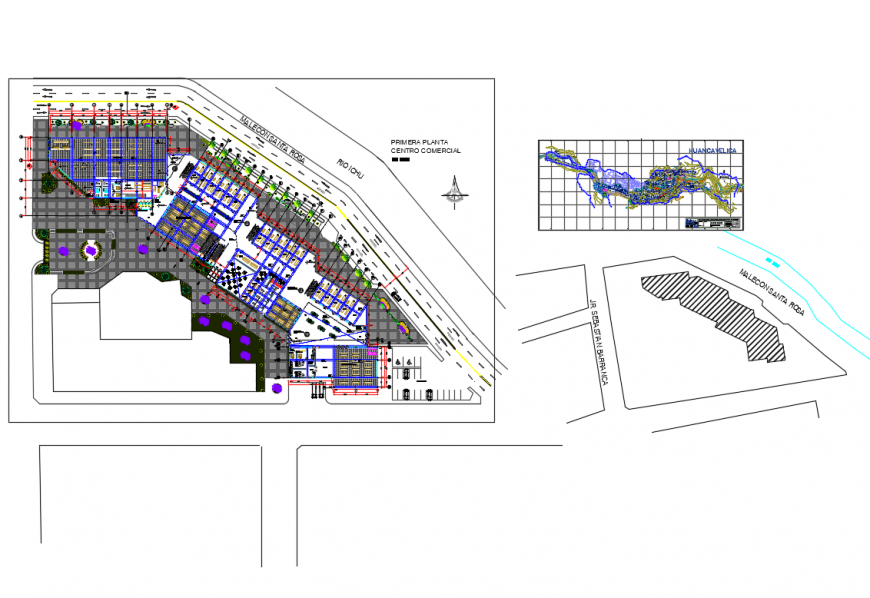 Commercial shopping center first floor plan with location map details dwg file