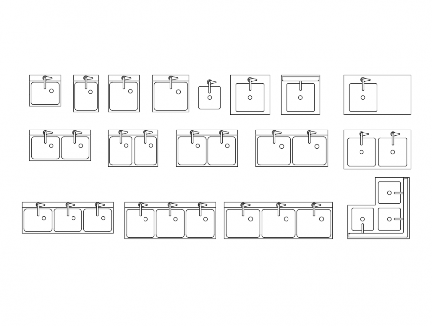 Commercial sinks multiple designing blocks cad drawing details dwg file