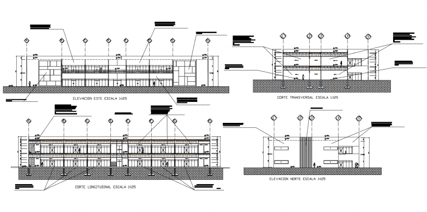 Commercial store building elevation and section view dwg file