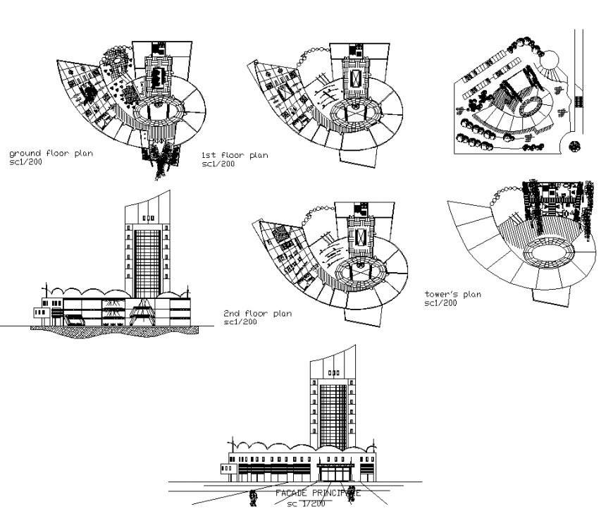 Commercial tower building detail elevation and plan 2d view dwg file