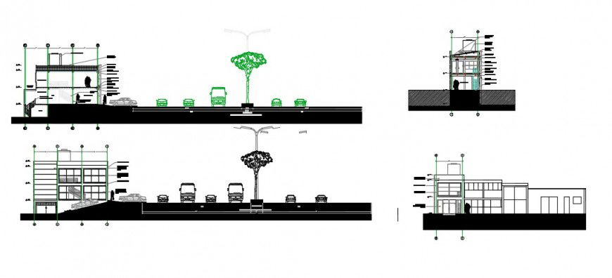 Commercial warehouse sectional elevatio and building side detail dwg file