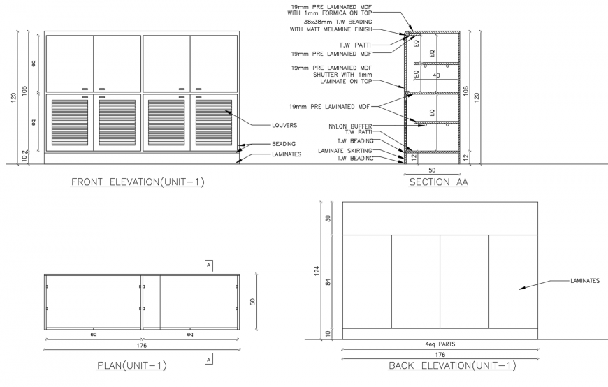 Common cabinet elevation, section and plan cad drawing details dwg file