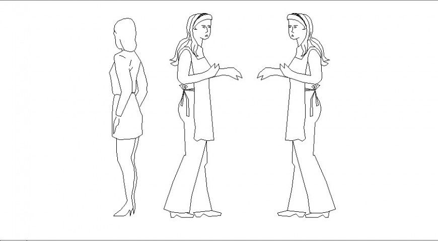 Common girl and women elevation block cad drawing details dwg file