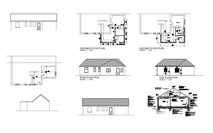 Common house elevation, section and floor plan cad drawing details dwg file