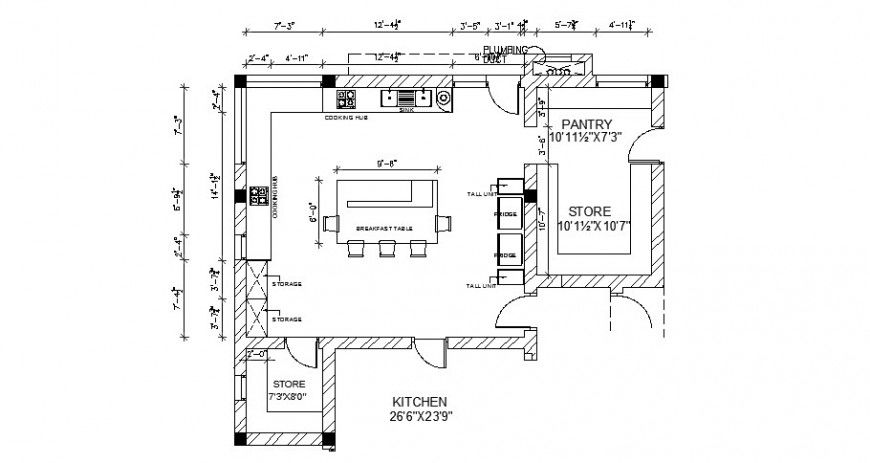 Common kitchen layout plan with furniture cad drawing details dwg file