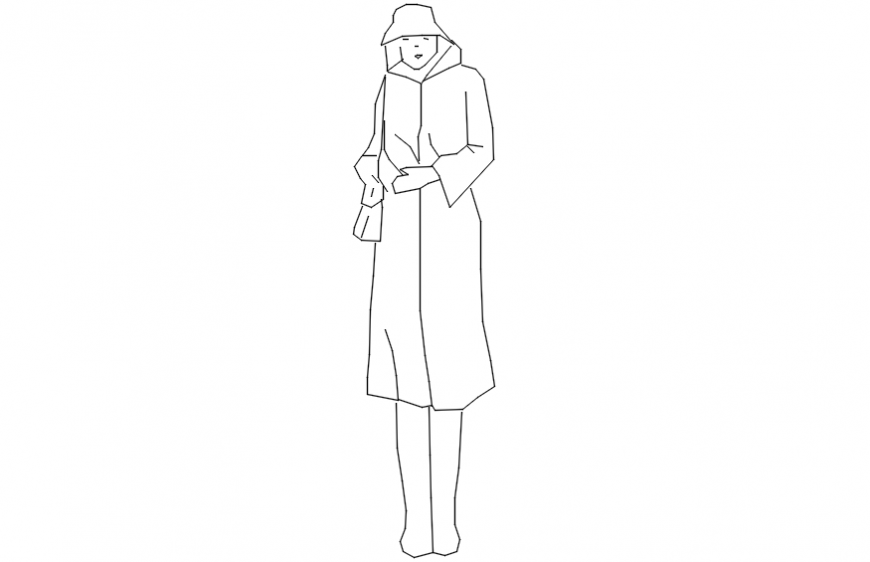 Common lady in coat and hat front view elevation block details dwg file