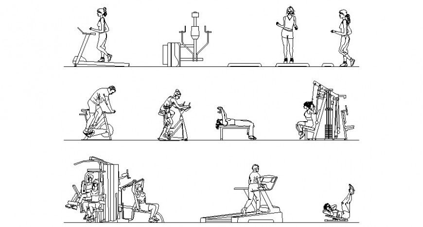 Common people in gym with exercise act cad block details dwg file