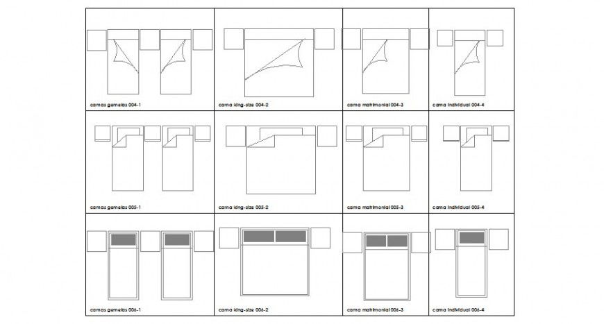 Common single and double bed top view elevation block drawing details dwg file