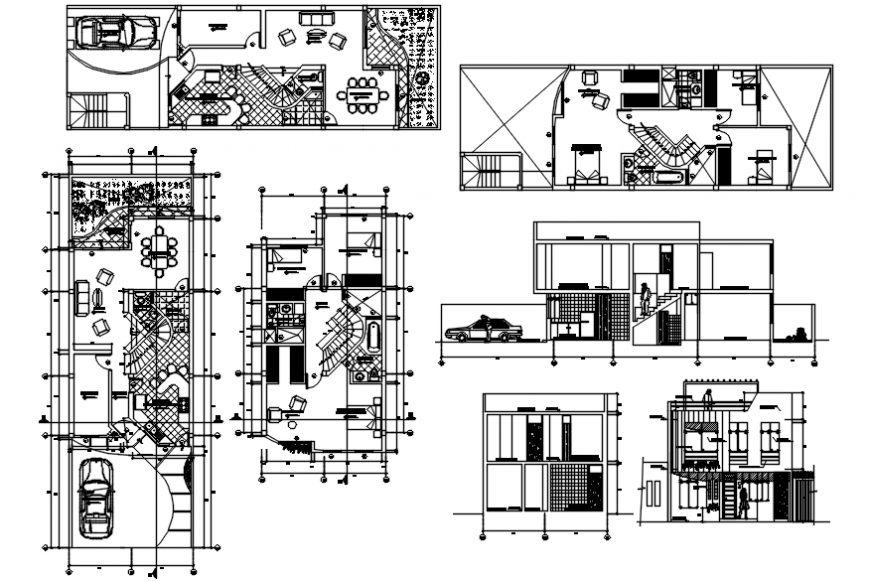 Common two story house elevation, section and floor plan details dwg file